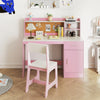 Kids study desk and chair set in white and pink with shelves, drawer, and ergonomic chair for comfortable studying.