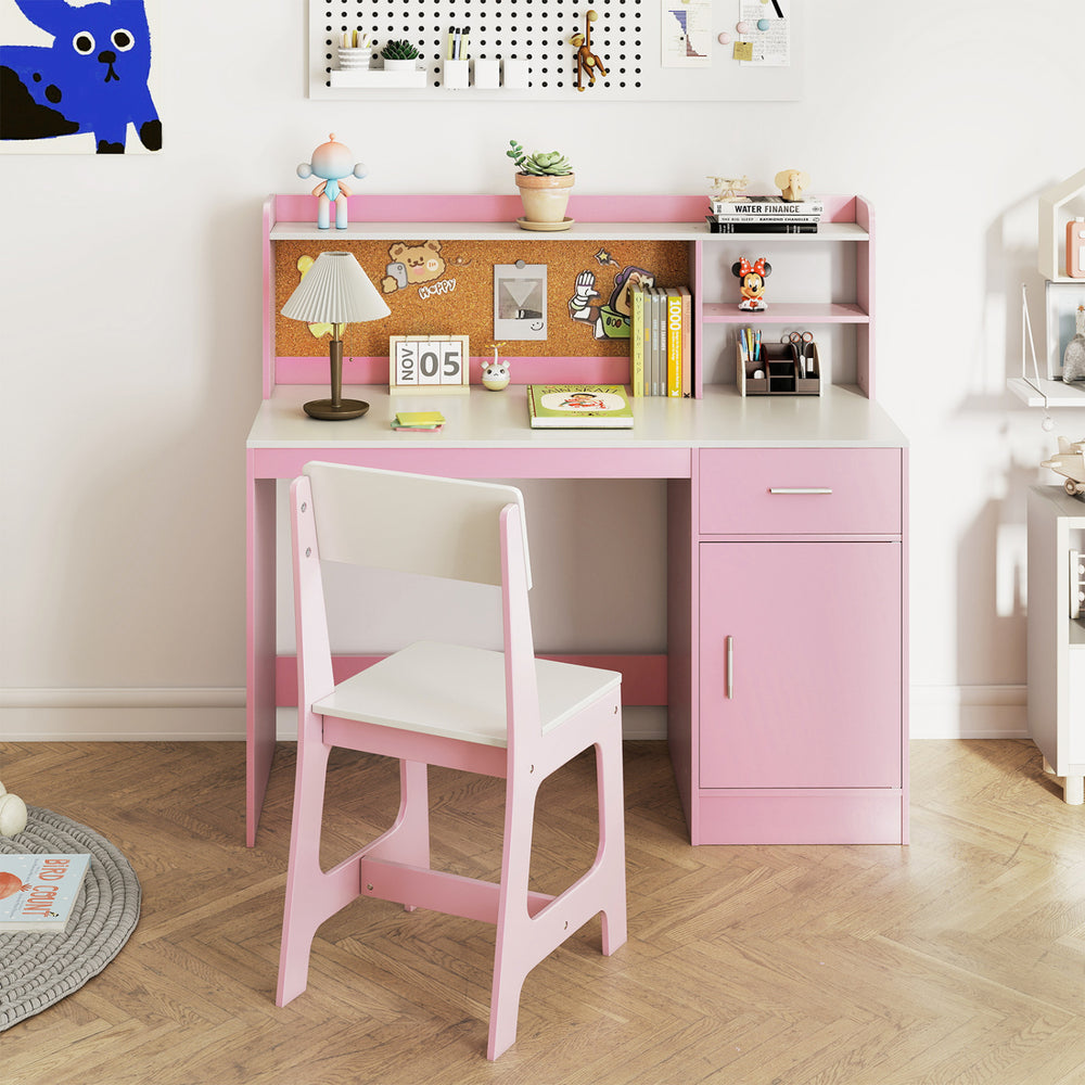Kids study desk and chair set in white and pink with shelves, drawer, and ergonomic chair for comfortable studying.