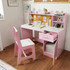 Pink kids study desk featuring a drawer and cabinet for storage, paired with an ergonomic chair for comfortable study.