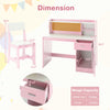 Kids study desk and chair set in pink and white, featuring shelves, a drawer, and a cork bulletin board for imaginative.