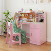 Kids study desk and chair set in pink and white, featuring shelves, a drawer, and a cork bulletin board for creativity.