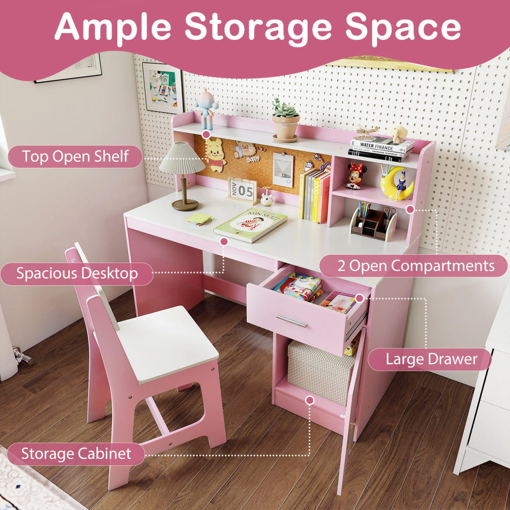 Kids study desk and chair set in white and pink, featuring ample storage, cork board, and ergonomic design for comfort.