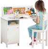 Kids study desk and chair set in white with storage cabinet and bulletin board, perfect for organizing books and.