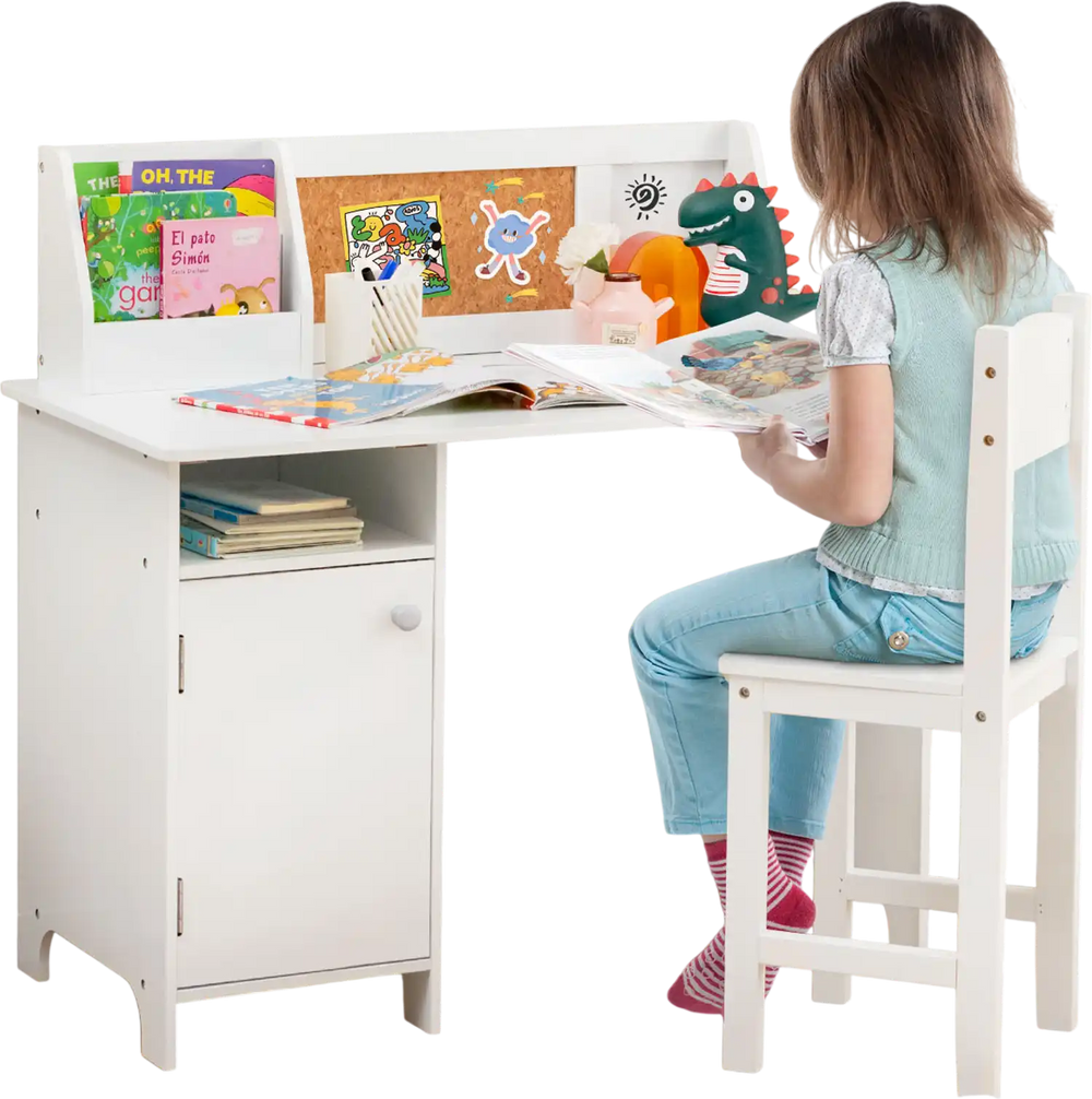 Kids study desk and chair set in white with storage cabinet and bulletin board, perfect for organizing books and.