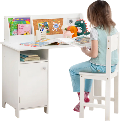 Costway Wooden Kids Study Desk Chair Set Storage Cabinet Bulletin Board White 79134658 New