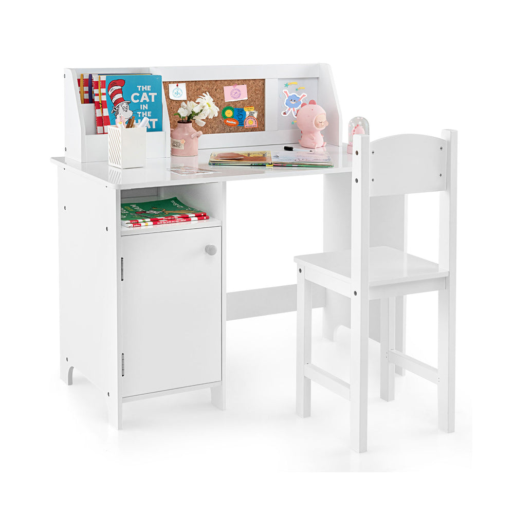 Wooden kids study desk and chair set in white with storage cabinet, cork bulletin board, and ergonomic design for.
