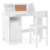 Kids study desk and chair set in white with storage cabinet, bulletin board, and ergonomic design for comfortable use.