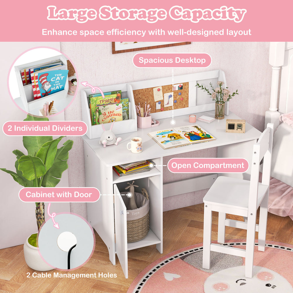 Wooden kids study desk in white with storage cabinet, bulletin board, and ergonomic design for organized learning.