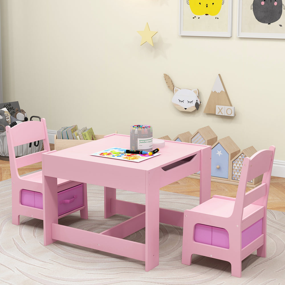 Kids Table Chairs Set With Storage Boxes Blackboard Whiteboard Drawing-Pink - Gallery View 1 of 10