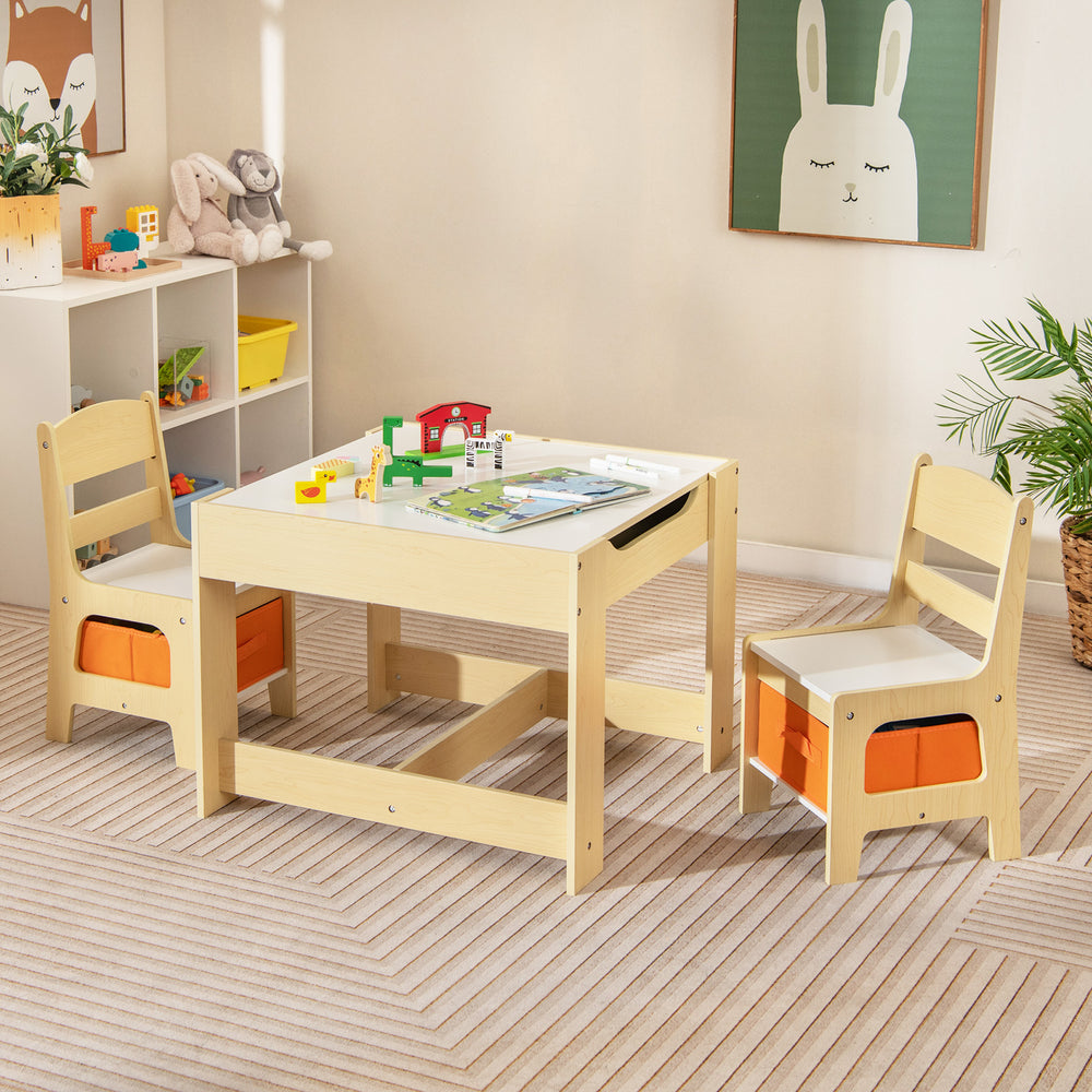 Kids Table Chairs Set With Storage Boxes Blackboard Whiteboard Drawing-Natural - Gallery View 1 of 11