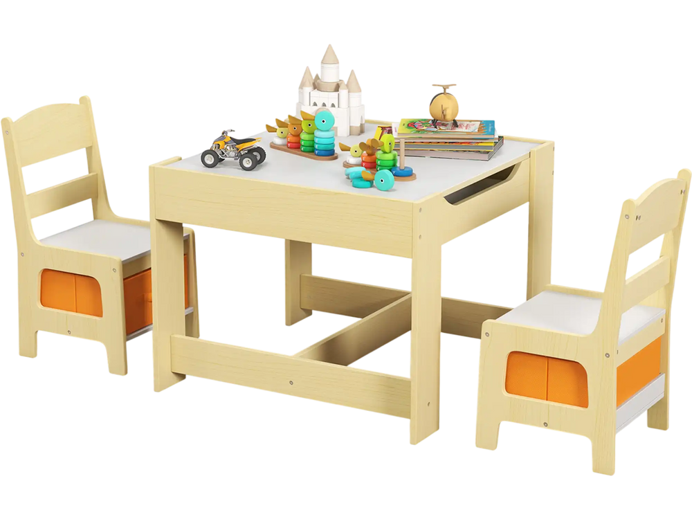 Kids table and chairs set in natural wood with storage boxes, featuring a 2-in-1 blackboard and whiteboard for creative.