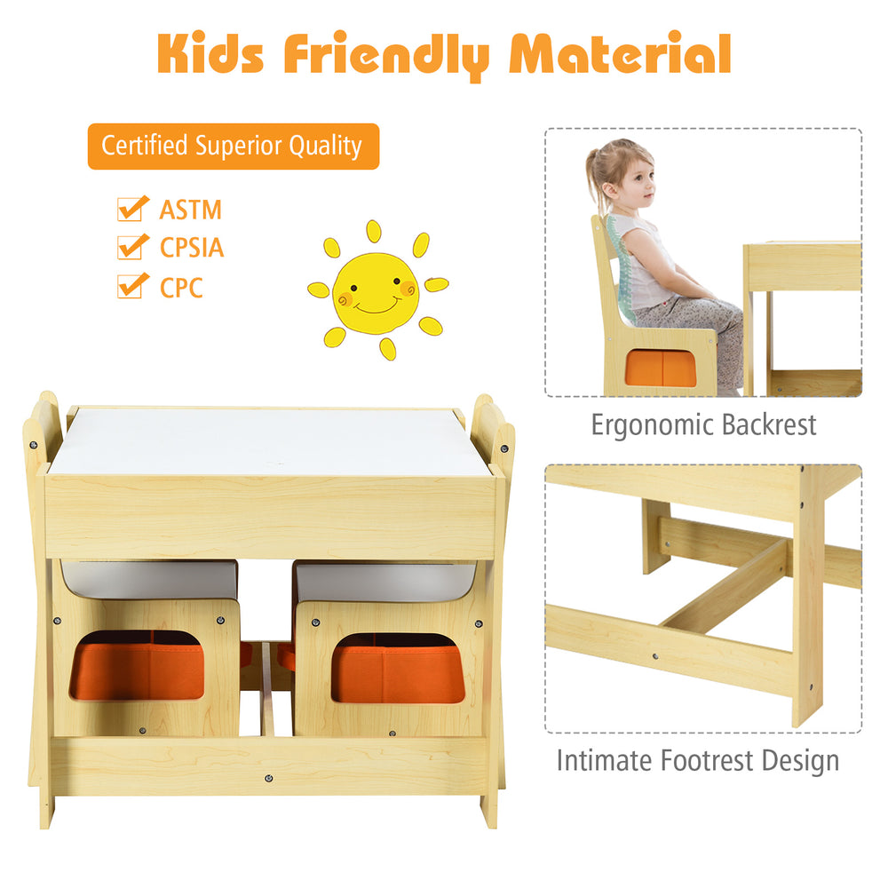 Kids table and chairs set with storage boxes, ergonomic design, natural wood, ideal for play and learning activities.
