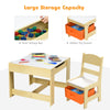 Kids table and chair set with storage boxes, featuring a natural finish and dual-function blackboard/whiteboard for.