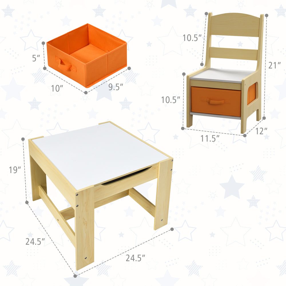 Kids table and chair set with storage boxes, featuring a natural wood finish and dual-function whiteboard for creative.