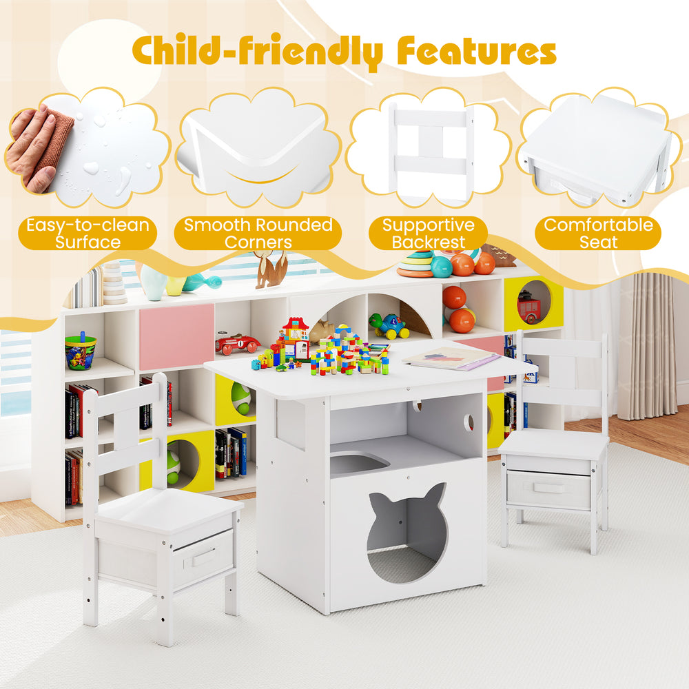 Kids table and chairs set in white with supportive backrest, smooth corners, and cat house for versatile play and.