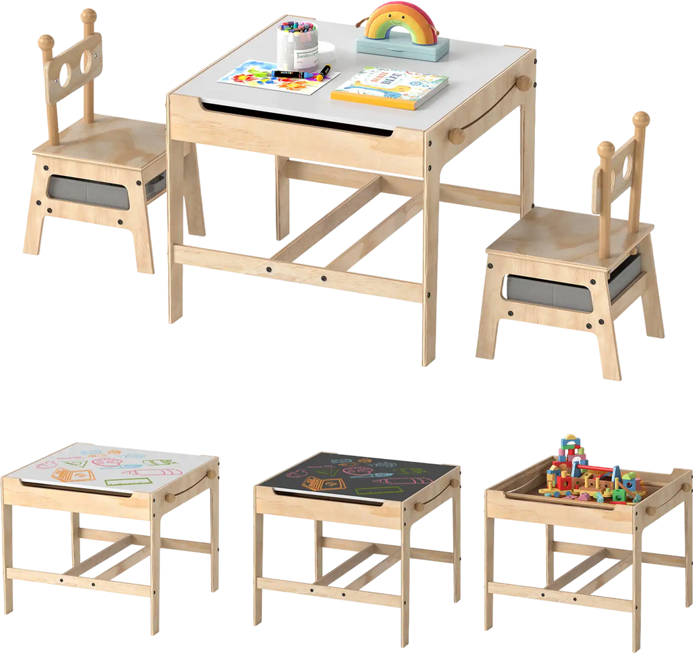 Kids table and chairs set with reversible whiteboard, featuring a solid wood frame and spacious storage for creative.