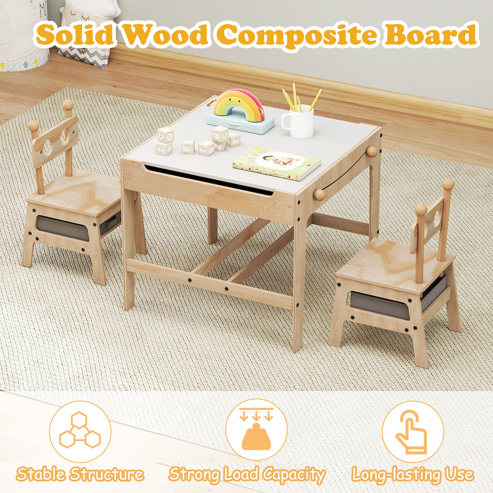 Kids table and chairs set with reversible whiteboard, solid wood frame, perfect for drawing and crafts in playrooms.