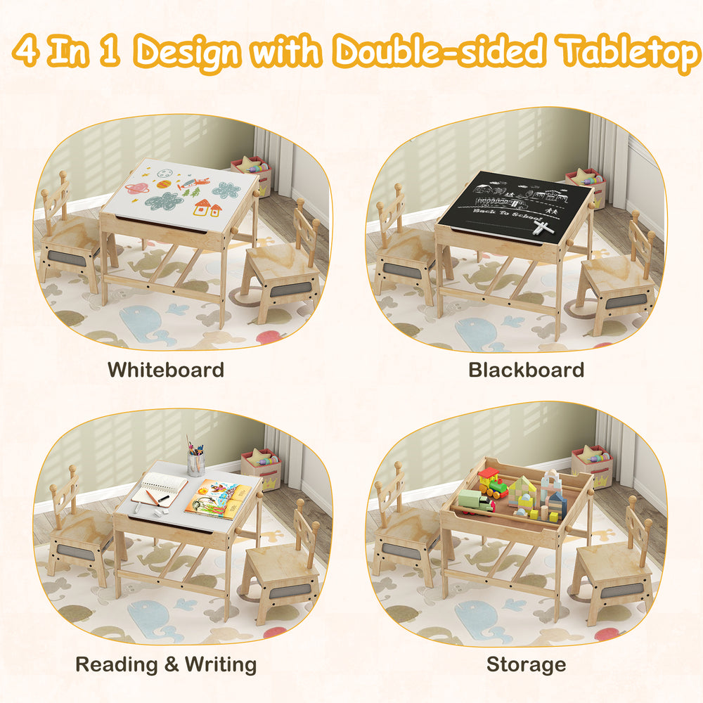 Kids table and chairs set with reversible whiteboard for drawing, reading, and crafts, featuring a robot-shaped.
