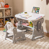 Height adjustable kids table and chair set in gray with a tiltable whiteboard, ideal for drawing and studying.