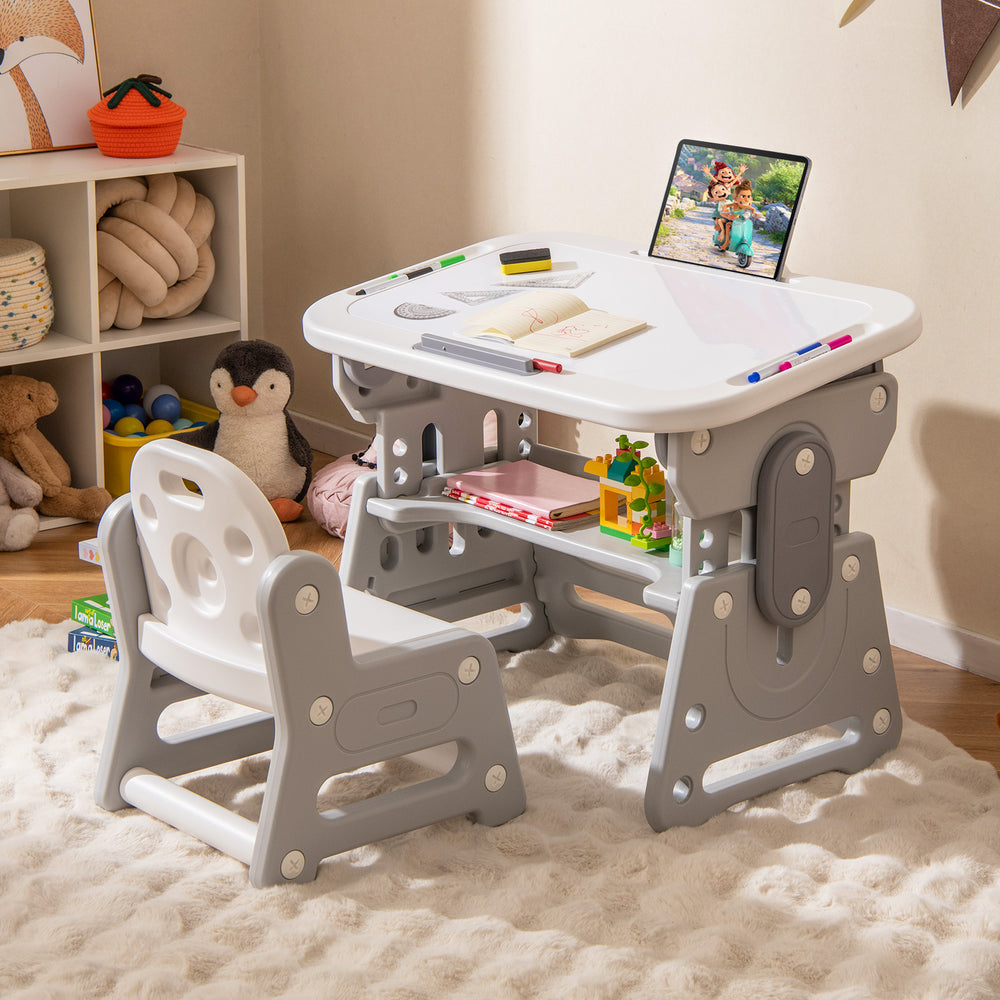 Height Adjustable Kids Table and Chair Set with Tiltable Whiteboard and Concave Shelf-Gray - Gallery View 1 of 11