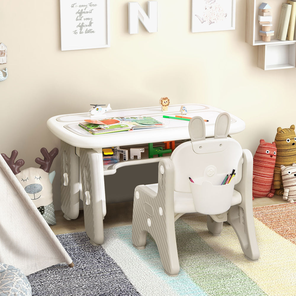 Kids table and chair set in gray with adjustable drawing boards and rabbit-shaped chair, perfect for learning and play.