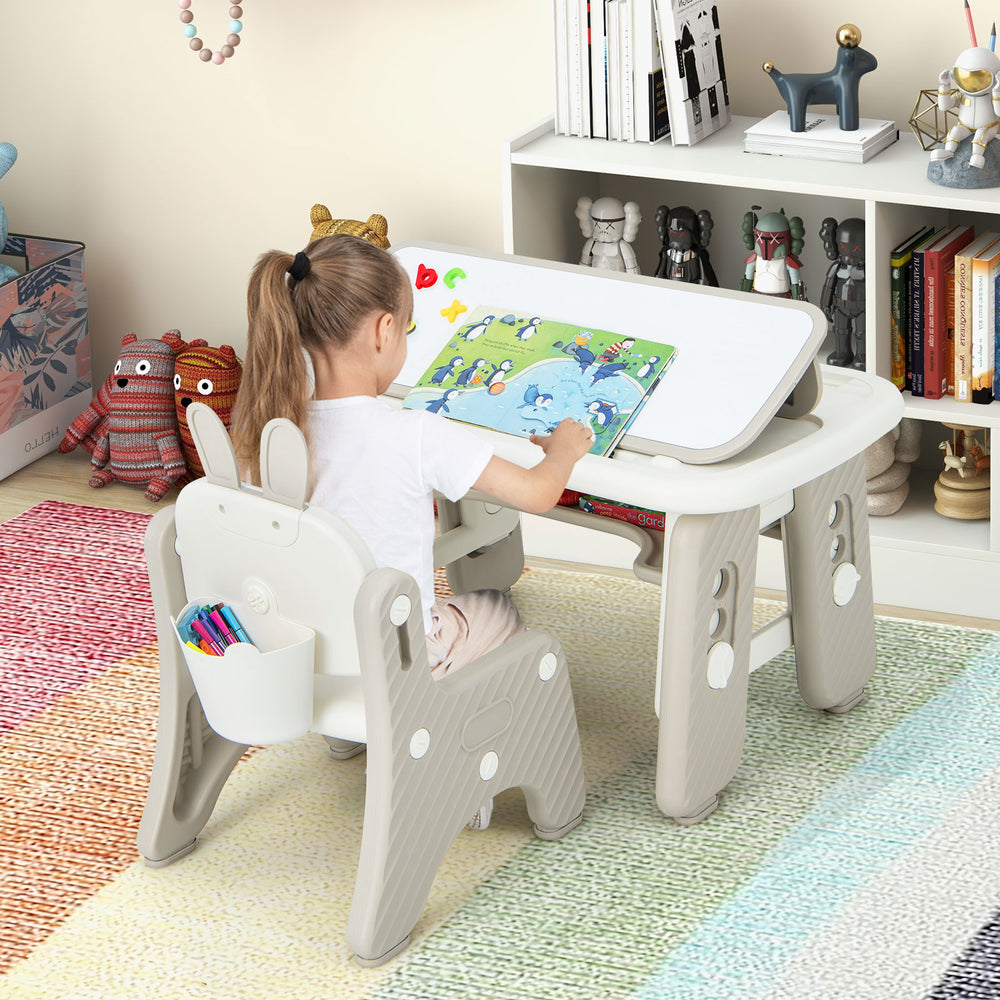 Kids table and chair set in gray with adjustable drawing boards, perfect for learning and play in a child's room.