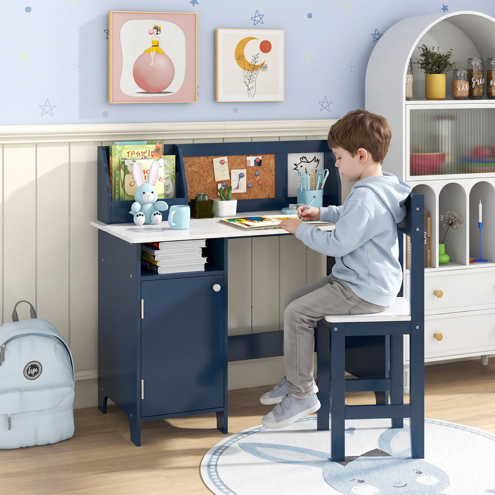 Blue kids table and chair set includes a high back chair and spacious surface, ideal for homework and creative projects.