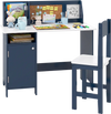 Kids table and chair set in blue features a bookshelf, cabinet, and bulletin board for creative study space.