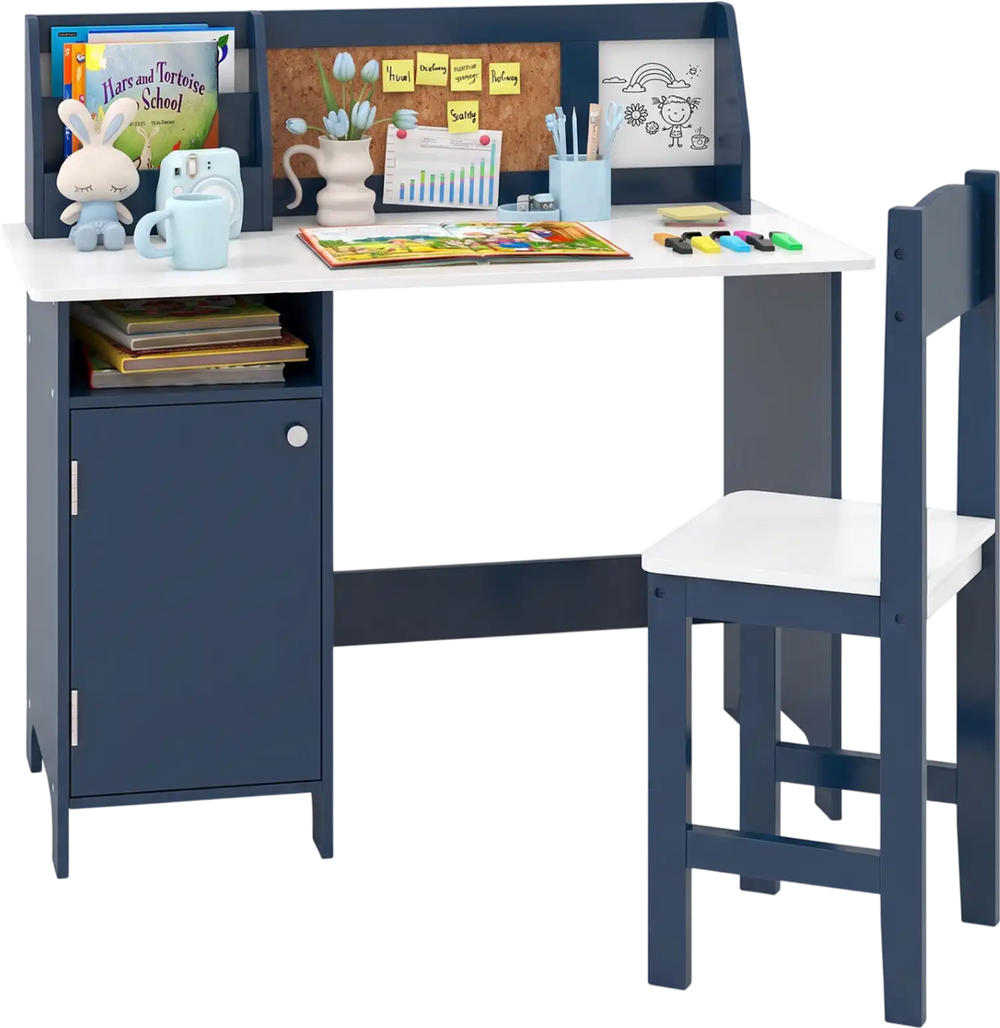 Kids table and chair set in blue features a bookshelf, cabinet, and bulletin board for creative study space.