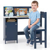Kids table and chair set in blue features a bookshelf and cabinet, perfect for study and creative activities in bedrooms.