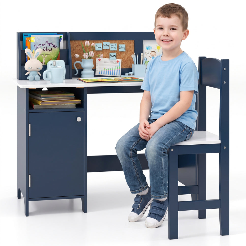 Kids table and chair set in blue features a bookshelf and cabinet, perfect for study and creative activities in bedrooms.