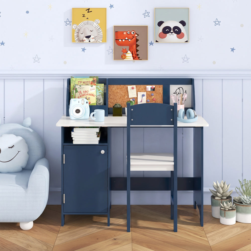 Kids table and chair set in blue with bookshelf and cabinet, perfect for studying and creative activities in a bedroom.