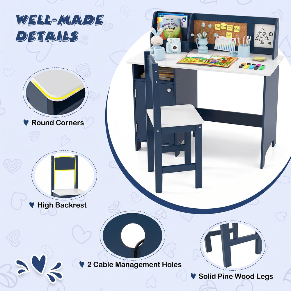 Kids table and chair set in blue features a high back chair, bookshelf, and cabinet for organized study space.