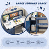 Kids table and chair set in blue featuring a bookshelf, cabinet, and spacious tabletop for creative study and organization.