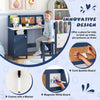 Kids table and chair set in blue features a cork bulletin board and magnetic whiteboard for creative activities.