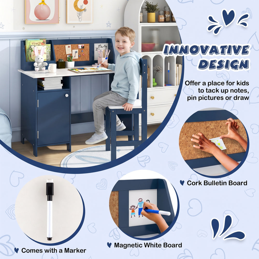 Kids table and chair set in blue features a cork bulletin board and magnetic whiteboard for creative activities.