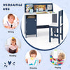 Kids table and chair set in blue features a bookshelf and cabinet, perfect for studying, drawing, and reading.