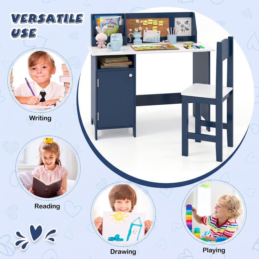 Kids table and chair set in blue features a bookshelf and cabinet, perfect for studying, drawing, and reading.