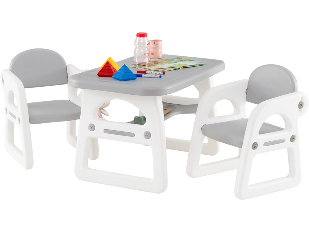 Gray kids table and chair set with building blocks, featuring a smooth, waterproof surface for easy cleaning and.