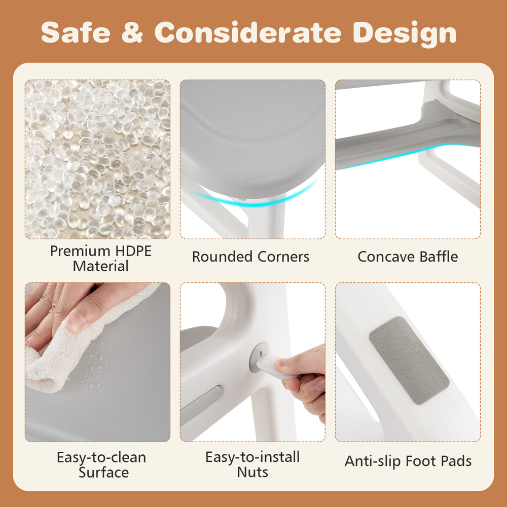Kids table and chair set in gray with rounded corners, HDPE material, and anti-slip foot pads for safety and stability.