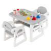 Gray kids table with building blocks and two ergonomic chairs, designed for safety and fun, perfect for kids aged 1-5.