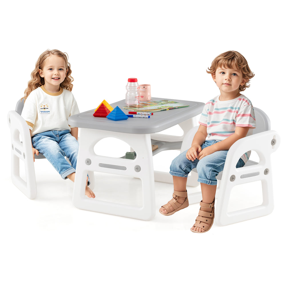 Gray kids table and chair set with building blocks, featuring two kids engaged in play, ideal for ages 1-5.