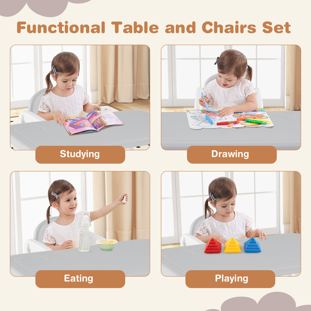 Kids table and chair set in gray, featuring building blocks, ideal for studying, drawing, eating, and playing.