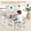 Gray kids table and chair set with building blocks, showcasing a spacious desktop with recesses for cups and toys.