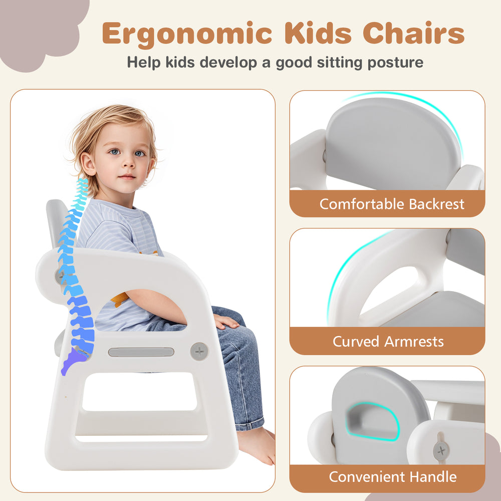 Ergonomic kids chair in gray with comfortable backrest and curved armrests, designed for safe and enjoyable sitting.