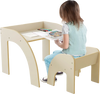 Kids table and chair set in white with wide tabletop and curved edges, perfect for playtime or learning in a kids' room.