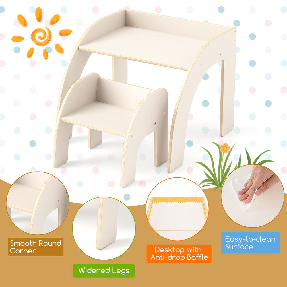 Kids table and chair set in white with wide tabletop, curved edges, and anti-drop baffle, perfect for playrooms.