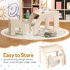 Kids table and chair set in white with wide tabletop and curved edges, perfect for playroom or nursery storage.