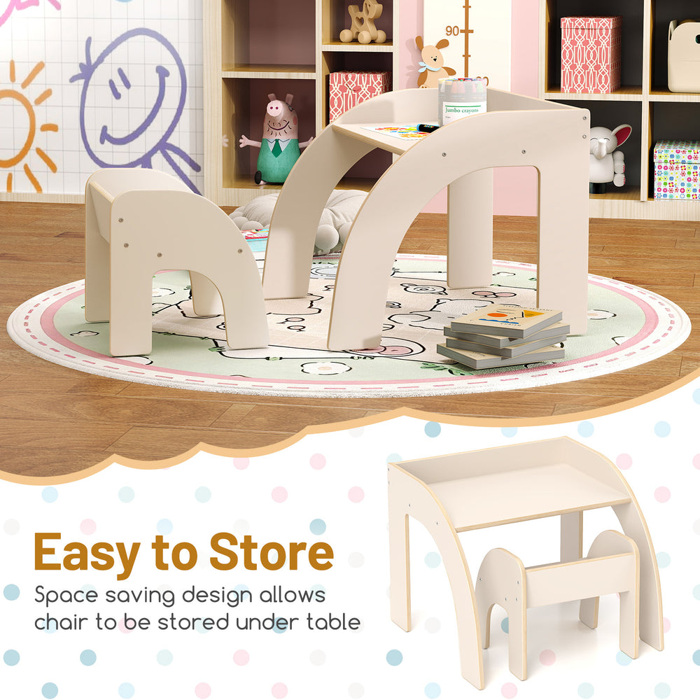 Kids table and chair set in white with wide tabletop and curved edges, perfect for playroom or nursery storage.