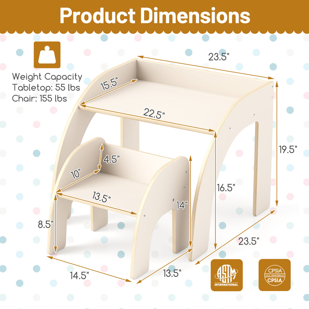 Kids table and chair set dimensions with wide tabletop, curved edges, and ergonomic design for safe use in kids' rooms.